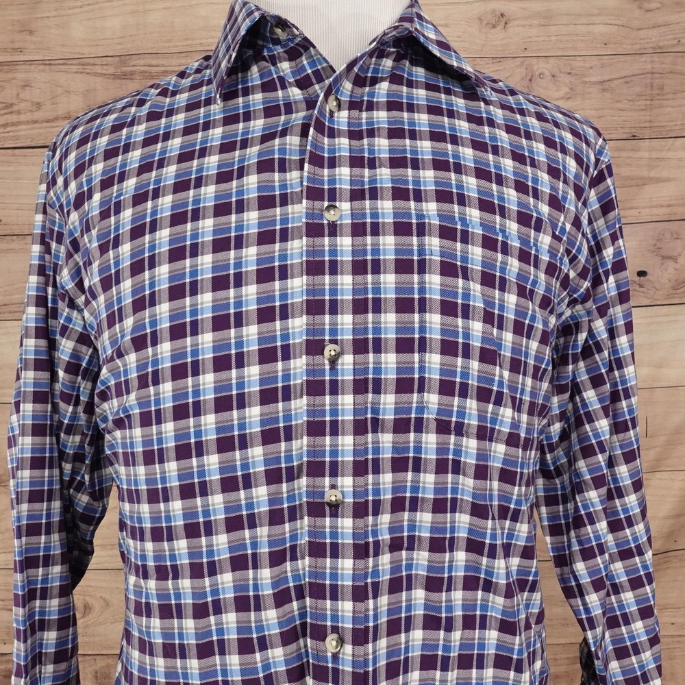 Jos. A. Bank Shirt Mens L Purple Plaid Long Sleeve Button-Up Cotton Classic
